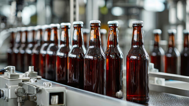 Bottles of dark amber liquid move along a conveyor belt in a beverage production facility - Powered by Adobe