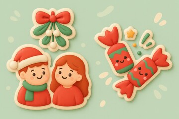Naklejka premium Festive gingerbread characters celebrating holiday cheer with mistletoe, cheerful candies, and vibrant colors illustrating joyfulness and togetherness in a whimsical design
