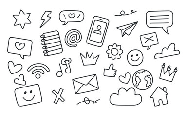 Doodle social media element set on transparent background