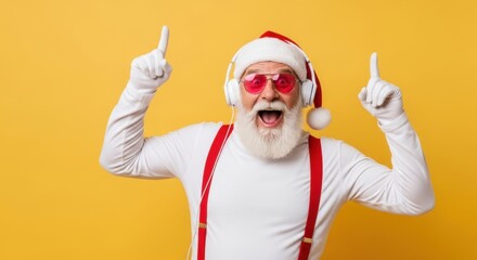 Excited santa claus wearing sunglasses and headphones points upwards