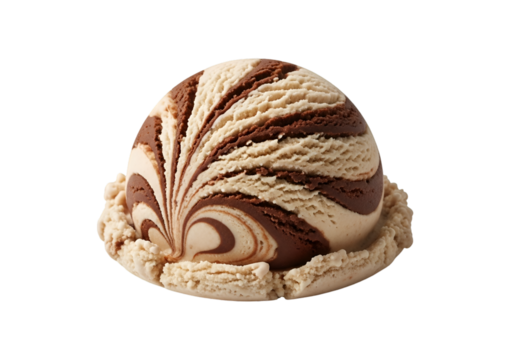 Swirled chocolate and vanilla ice cream scoop isolated on transparent background