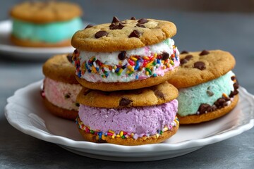 Stacked ice cream sandwiches on a plate each with different colored ice cream and sprinkle details