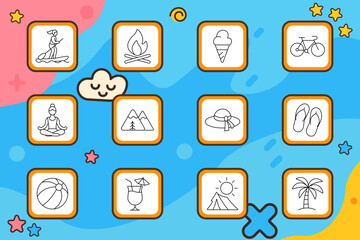Fototapeta premium Summer set icon. Ball, campfire, bicycle, beach hat, swimsuit, yoga, drink, sun, tent, mountains, palm, flip flops, vacation, relaxation, travel, leisure