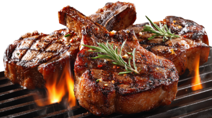Grill Pork Chops Beef steaks, realistic 3d brisket flying in the air, grilled meat collection, ultra realistic, icon, detail isolated on a white background isolated on a white background