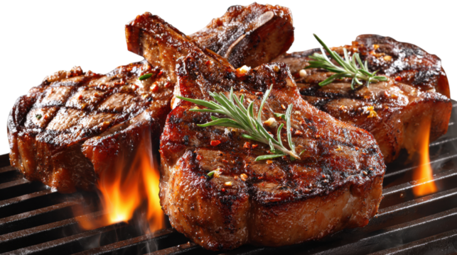 Grill Pork Chops Beef steaks, realistic 3d brisket flying in the air, grilled meat collection, ultra realistic, icon, detail isolated on a white background isolated on a white background