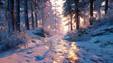 Stunning winter wonderland scene with sunlit path through snow-covered forest, perfect for holiday promotions or seasonal campaigns