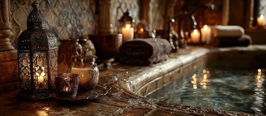 Cozy spa scene lit candles, water, and ornate decor create a relaxing vibe