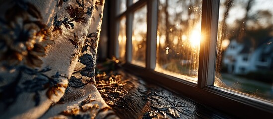 Sunlight streams through a window, illuminating a patterned curtain and a ledge