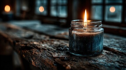 Lit candle in jar on rustic wood surface with blurred, warm-toned background