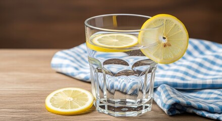 Refreshing Lemonade: A chilled glass of water, adorned with lemon slices, sits on a wooden table alongside a checkered cloth, exuding freshness and refreshment. 