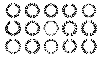 Collection of fifteen diverse black laurel wreaths, classic victory and achievement symbols, elegant vector design elements set