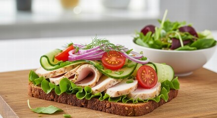 Freshly Made Gourmet Sandwich: A mouthwatering, open-faced sandwich, artfully crafted with layers of fresh ingredients, alongside a vibrant side salad, offering a wholesome.
