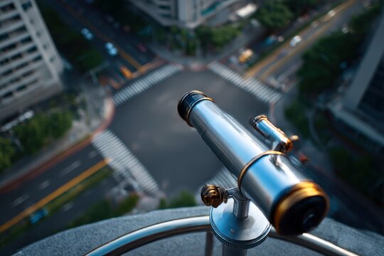 Telescope overlooking a city intersection from a high vantage point focusing on urban landscape