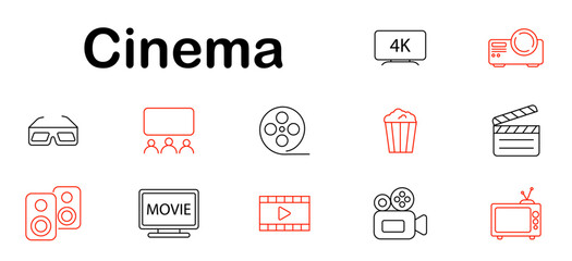 Cinema set icon. Screen, projector, audience, popcorn, movie reel, ticket, clapperboard, sound, play button, TV, camera, filmstrip, 3D glasses, entertainment, show, media.