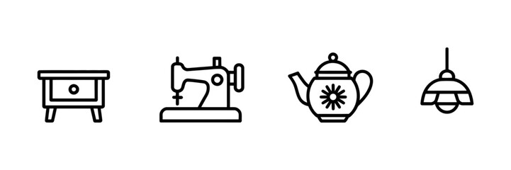 Obraz premium Home decor, craft, and kitchen essentials vector line icons set including a nightstand, sewing machine, teapot, and ceiling lamp