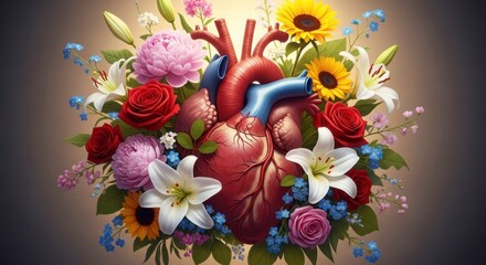 Anatomical Harmony: A captivating illustration showcases a human heart embraced by a vibrant floral arrangement, symbolizing life and love.