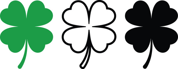 A versatile set of lucky four-leaf clover icons for Irish holiday celebrations, featuring green, outline, and silhouette styles