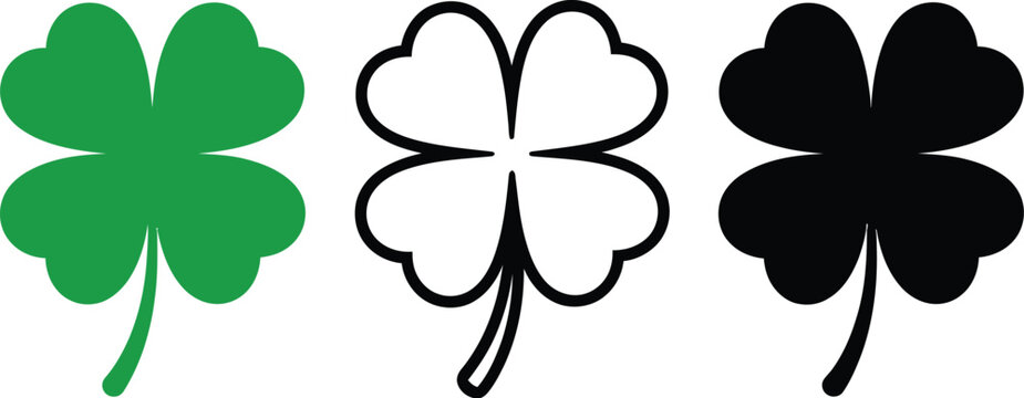 A versatile set of lucky four-leaf clover icons for Irish holiday celebrations, featuring green, outline, and silhouette styles