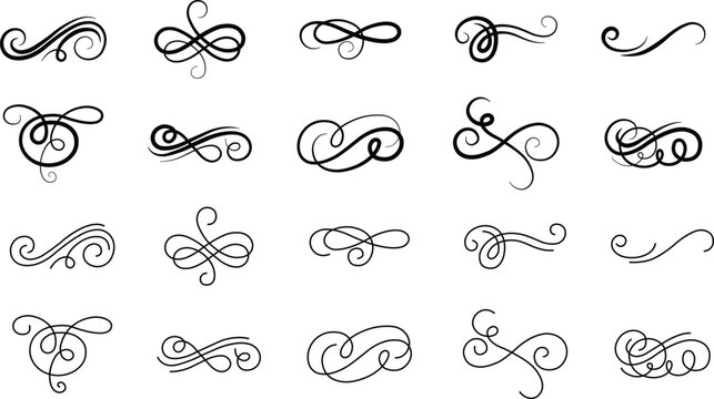 Elegant vintage calligraphic swirl set, ornate decorative flourish collection, classic filigree ornament group, swirl, curl, divider, scroll, border element, black line art design vector illustration