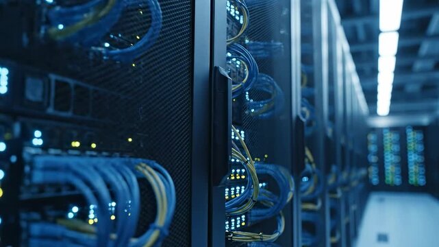 Modern Data Center Infrastructure Servers and Cables in a Secure Server Room, High-Tech Data Storage and Processing