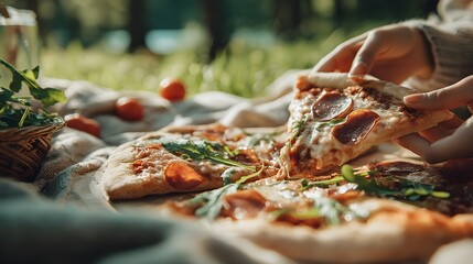 Person is holding a slice of pepperoni pizza. The pizza is on a wooden cutting board and is surrounded by a basket of tomatoes and a bowl of greens