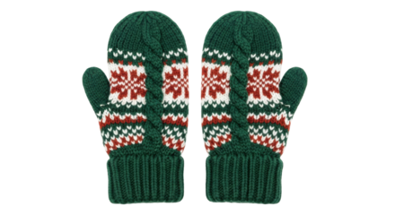 Isolated pair of warm knitted mittens with pattern, hand-made winter wear, green, red, cream