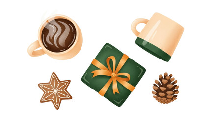 Isolated festive holiday table arrangement with coffee, gifts, cookie, pinecone decoration