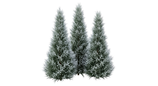 Isolated trio of slender evergreens coated in a light dusting of snow for wintry scenery