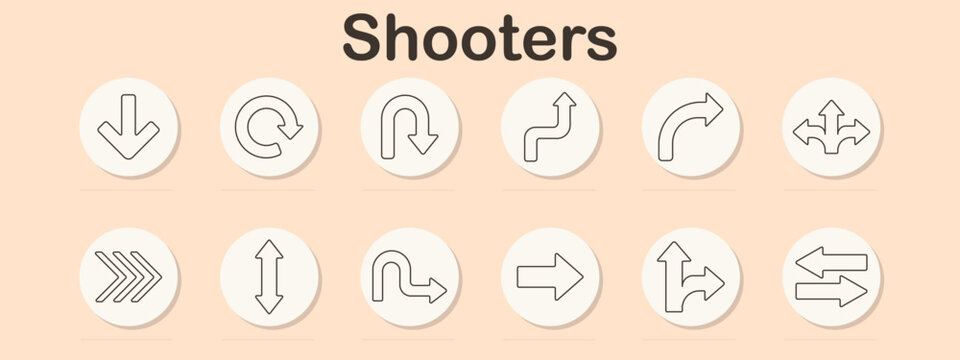 Shooters set icon. Arrows, curves, turns, bends, splits, sharp angles, double, straight, change, forward, backward. Direction, navigation, movement, path, pointer, way, symbol, traffic, map.
