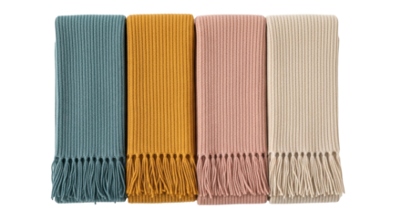 Isolated group of four knitted scarves with fringes, various colors, fashion accessories