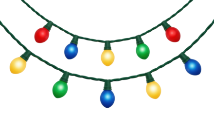 Isolated holiday string of glowing lights in yellow, green, blue and red for decoration on tree