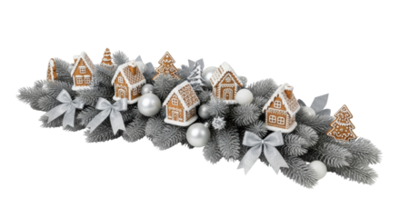 Isolated holiday table decoration with small gingerbread houses, silver bows and ornaments