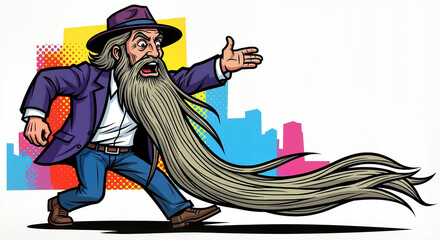 Comical pop-art illustration of a bearded man in a hat and purple jacket walking forward with an extremely long, flowing beard trailing behind him. Bright background with city silhouettes. 