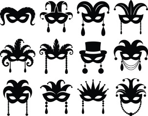 Collection of festive Venetian carnival masks and traditional masquerade accessories with feathers and beads