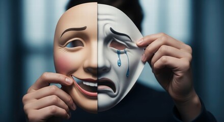 Unmasking Emotions: A close-up of a person holding a theatrical mask depicting joy and sadness, expressing a profound duality of human emotions.