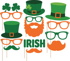 Fun St. Patrick's Day photo booth props set featuring festive green hats, orange beards, shamrock glasses, and vibrant accessories for Irish celebrations