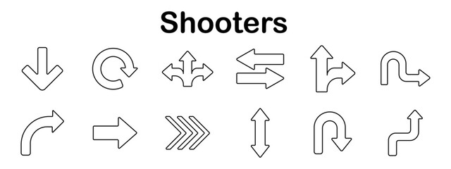 Fototapeta premium Shooters set icon. Line style arrows showing various directions including straight, curved, looped, rotated, bidirectional, and segmented paths for navigation or guidance