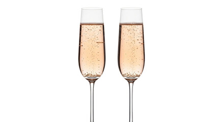 Isolated pair of champagne flutes filled with sparkling rose wine, ready for celebration