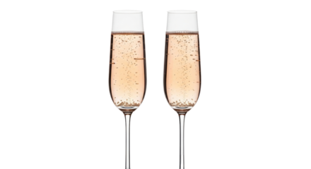Isolated pair of champagne flutes filled with sparkling rose wine, ready for celebration