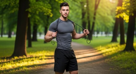 Park Workout: A determined individual, poised in a lush green park, holding a skipping rope. Embracing the essence of fitness and an active lifestyle