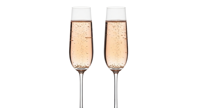 Isolated pair of champagne flutes filled with sparkling rose wine, ready for celebration