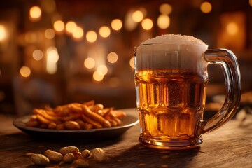 Mug of beer sits on a table next to a plate of french fries. The scene is set in a bar or restaurant, with the mug and fries being the main focus. Scene is casual and relaxed