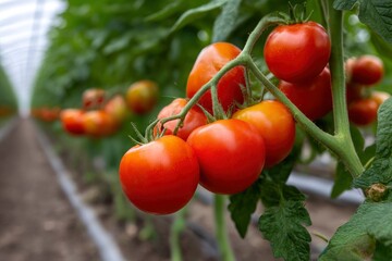 Tomato vine with ripening fruit in a greenhouse featuring clusters of red and orange tomatoes and green foliage