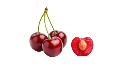 Isolated fresh ripe cherries with stems, delicious red fruit cut open to show pit, stone