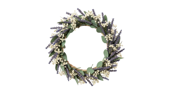 Isolated lavender and baby's breath wreath, round frame, springtime decor, floral decoration