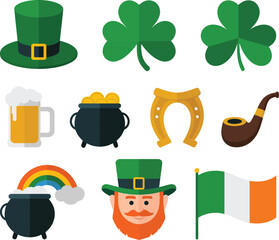 A festive collection of flat design icons for St. Patrick's Day, featuring a green leprechaun hat with a gold buckle, lucky clovers, and other traditional Irish symbols