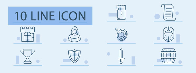 Medieval set icon. Line icons with castles, scroll, knight, helmet, target, sword, barrel, trophy, shield, hooded figure