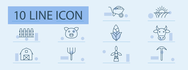Farming set icon. Line icons with barn, pig, cow, corn, wheelbarrow, sunrise, pitchfork, windmill, fence, farmer life tools and animals