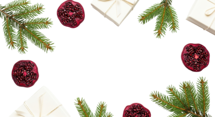 Isolated Christmas botanical decor of pine branches, gifts, and pomegranate sections