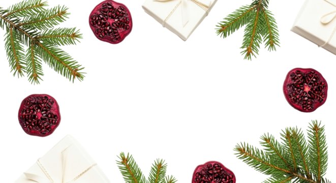 Isolated Christmas botanical decor of pine branches, gifts, and pomegranate sections